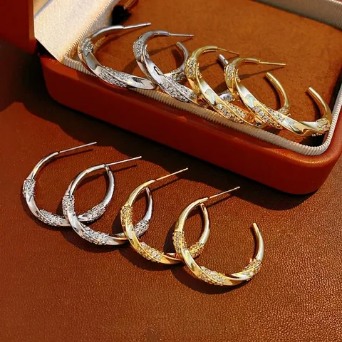 Elegant Twist C Shape Hoop Earrings With Zirconia Gold Plated Copper For Women Fashion Silver Earring Post Accessory
