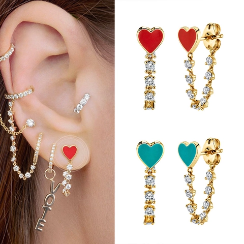 Heart Drop Earrings With 925 Sterling Silver Earring Post Enamel Gold Plated Copper Zircon Tassel Chain For Women
