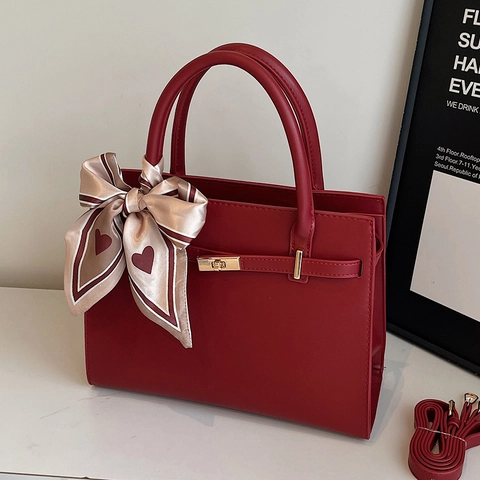 Women PU Leather Handbag With Satin Scarf Decorative Handle Metal Lock Sophisticated Shoulder Crossbody Bag For Commuter Wedding