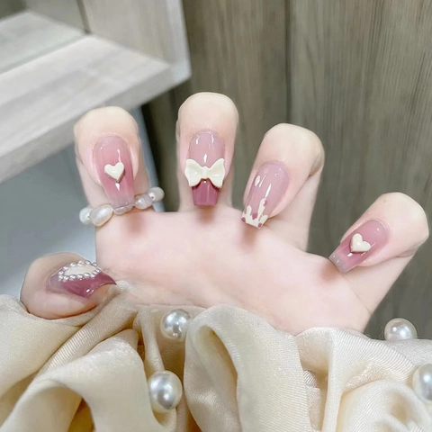 Uñas Postizas Degradado Rosa Estilo Dulce Con Lazo 3D Y Decoración De Corazón Uñas De Bailarina Largas