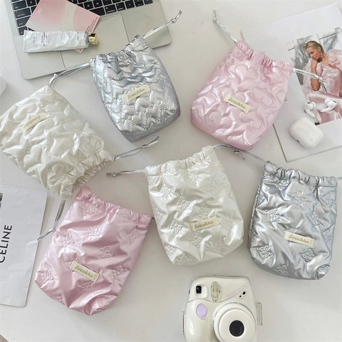 Shiny Quilted Drawstring Storage Bag PU Leather Heart Bow Pattern Portable Camera Pouch Travel Makeup Organizer Stylish Cute
