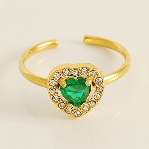 Anillo Con Zircone Verde A Forma Di Cuore Placcato Oro 18K Acciaio Inossidable Regolabile Aperto Doppio Strato Gioielli