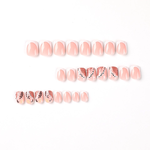 White French Press On Nails With Black Leaf Patterns And Rose Gold Glitter Accents Short Square Artificial Nails Kit For Women Nail Art