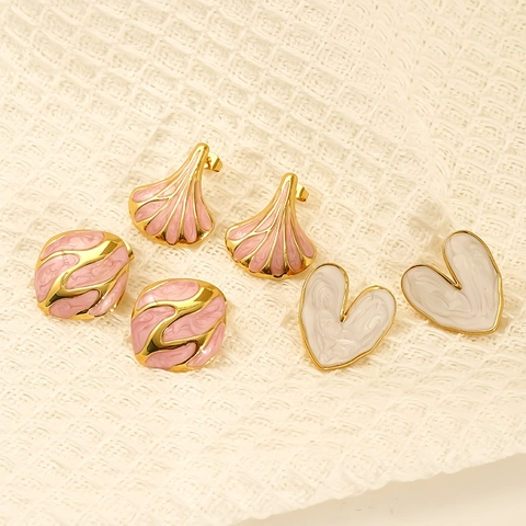 Enamel Stud Earrings 18K Gold Plated 304 Stainless Steel Hypoallergenic Waterproof Heart Fan Geometric For Women