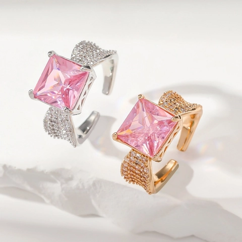 Pink Square Gemstone Open Ring Copper Cubic Zirconia Bowtie Design Adjustable Elegant Romantic Jewelry For Women
