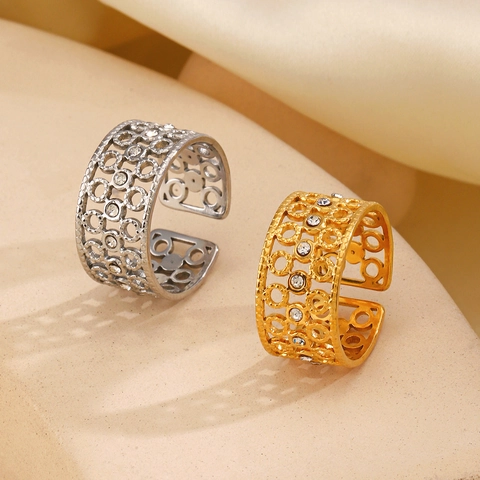 Hollow Geometric Round Open Ring Stainless Steel 18K Gold Plated Cubic Zirconia Adjustable Fashion Jewelry For Women
