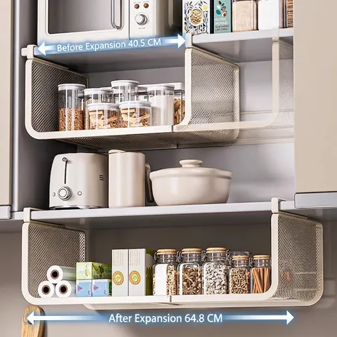 Under Cabinet Hanging Basket Extendable Carbon Steel Kitchen Shelf Organizer Mesh Storage Rack Modern Home