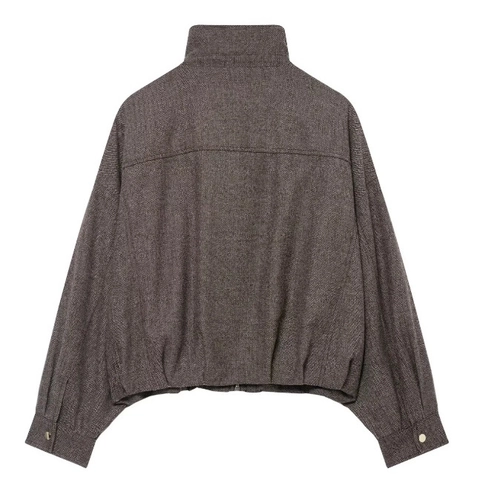 Giacca Bomber Da Donna Con Motivo A Spina Di Pesce Collo Alto Grandi Tasche A Patta Vestibilità Ampia Cerniera Cappotto In Tweed Casual