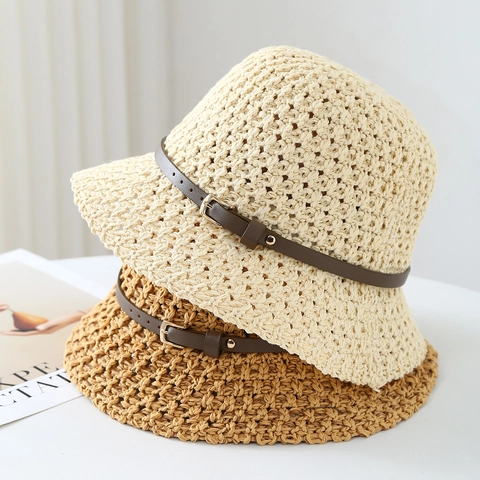 Cappello Da Pescatore In Paglia All Uncinetto Da Donna Protezione Solare Tesa Larga Decorazione Cintura In Ecopelle Stile Vintage Casual