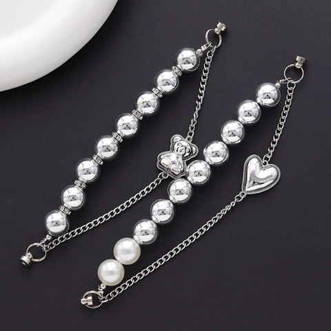 Y2K Zilver Metallic Acryl Kraal Hart Beer Telefoon Charm Strap Legering Ketting Kunstparel Tas Hanger Voor Vrouwen Sieraden