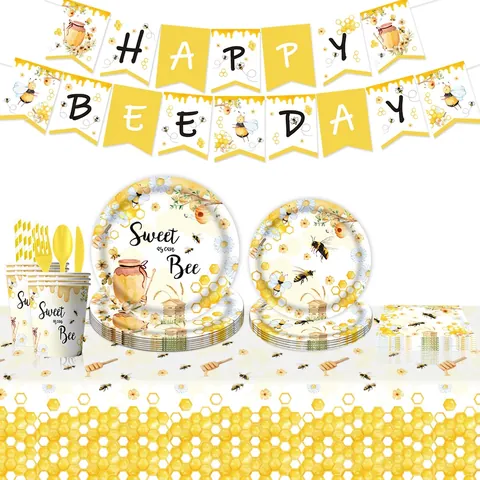 Bee Theme Birthday Party Supplies Disposable Paper Plates Napkins Cups Tablecloth Banner Cutlery Kids Baby Shower Cute Yellow