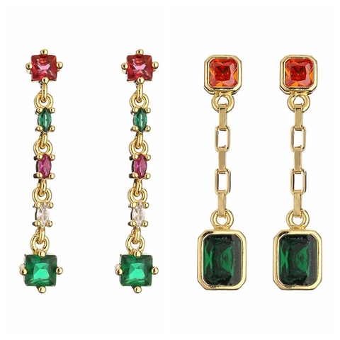 Orecchini Pendenti Con Nappe Geometriche Rame Placcato Oro Zirconia Colorata Gioielli Stile Retrò Per Donne Eleganti