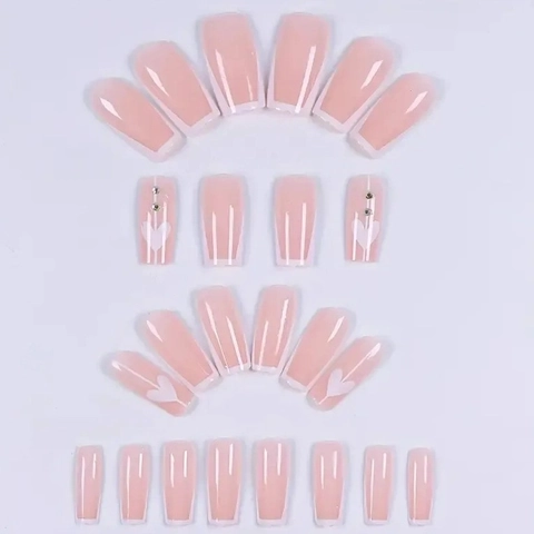 Faux Ongles Press On Style Français Nude Coeur Blanc Strass Carrés Ongles Artificiels Pointes Pour Femmes