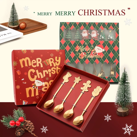 Weihnachts Kaffeelöffel Und Gabeln 410 Edelstahl Dessert Rühren Besteck Cartoon Anhänger Feiertags Geschenkbox
