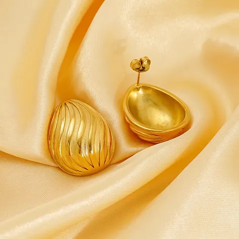 Water Drop Stud Earrings 18K Gold Plated Stainless Steel Spiral Texture Shell Style Minimalist Fashion For Women