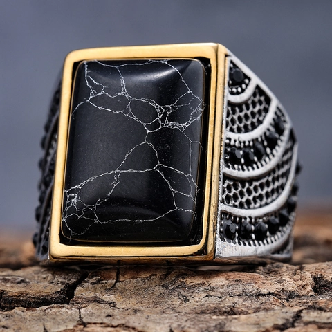 Retro Herren Siegelring Edelstahl Quadratischer Schwarzer Stein Goldfarbener Rahmen Punk Gothic Einzigartiger Schmuck