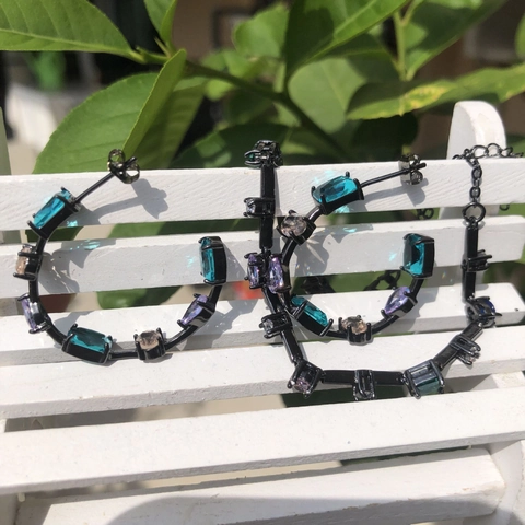 C-Shape Hoop Earrings And Bracelet Copper Colorful Zircon Black Plated Geometric Jewelry For Women Elegant