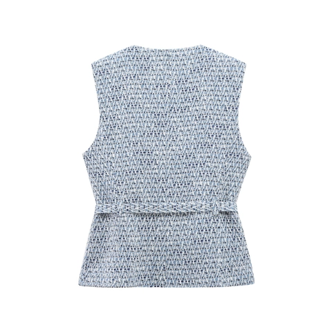 Gilet Elegante In Tweed Da Donna Senza Maniche Blu Chiaro Bianco Misto Con Cintura Bottoni Argentati Stile Vintage