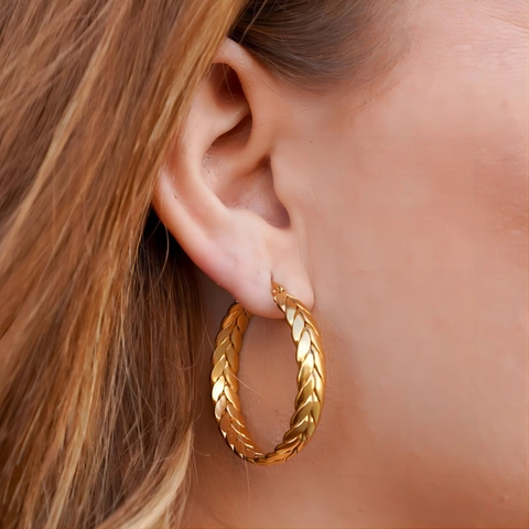 Hoop Ohrringe Edelstahl 18K Vergoldet Geflochtenes Weizenmuster Leichter Luxus Modeschmuck Für Damen