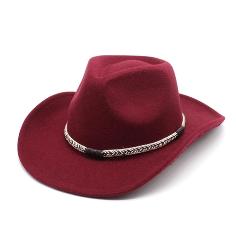 Western Cowboy Hat Wool Felt Fedora With Braided Band Wide Brim Ethnic Style Vintage Outback Hat For Men Women