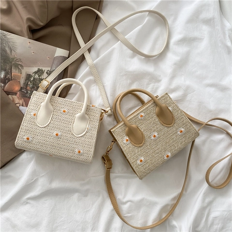 Mini Sac Bandoulière En Paille Tissée Femmes Broderie Marguerite Sac À Main Cuir PU Petit Carré Style Vacances Été