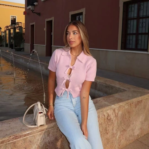 Top De Punto De Manga Corta Para Mujer Cuello Polo Cardigan Corto Con Lazos Punto Canalé Estilo Dulce