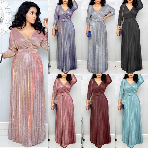 Women Maxi Dress Elegant V Neck Long Sleeve Pleated Bronzing Glitter Large Swing Evening Party Gown With Belt