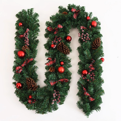 Guirlande Navideña Aguja De Pino Artificial Lazos De Cuadros Piñas Bayas Adornos Decoración Del Hogar Estilo Clásico Festivo