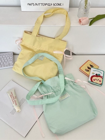 Damen Canvas Tote Bag Große Kapazität Koreanischer Stil Kordelzug Schleife Schultertasche Süß Einfarbig Polyester