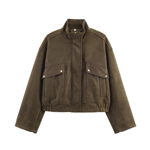 Giacca In Finta Pelle Scamosciata Da Donna Collo Alto Vestibilità Ampia Cappotto Con Cerniera E Tasche Cargo Streetwear Marrone Scuro