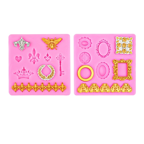 Molde De Silicona Barroco Europeo Corona Abeja Llave Corazón Borde Relieve Para Decoración De Pasteles Fondant Chocolate DIY