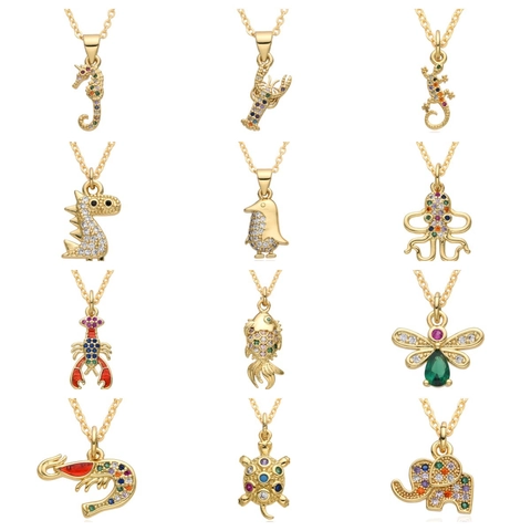 Simpatica Collana con Ciondolo a Forma di Animale Placcata in Oro Rame Strass Multicolore Tartaruga Elefante Aragosta Cavalluccio Marino Gioielli da Donna