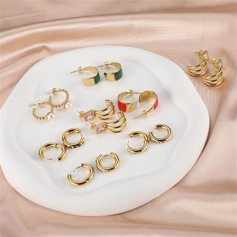 Fashion Stainless Steel Rhinestone Artificial Pearl Hoop Earrings For Women Gold Plated Multicolor Enamel Geometric Ear Jewelry