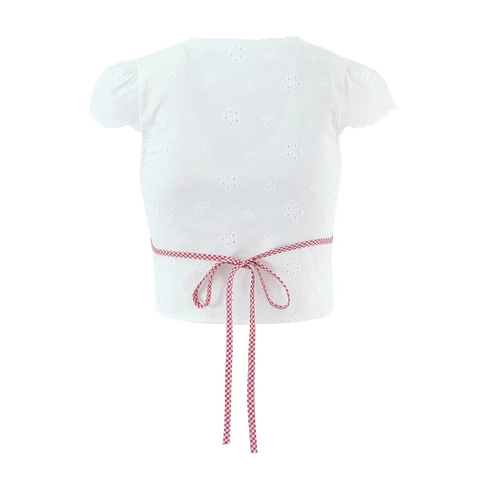 Dames Crop Top Met V-Hals Katoen Broderie Anglaise Blouse Frans Retro Zoet Gingham Strik Kant Hol Shirt