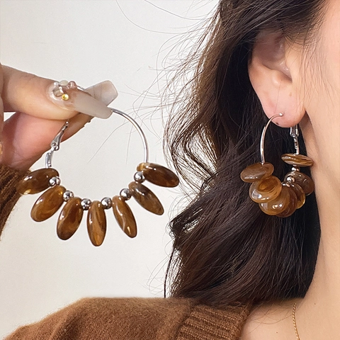 Boucles Oreilles Créoles Avec Tige En Argent Alliage Résine Ambre Perles Style Vintage Géométrique Pour Femme