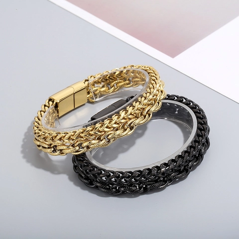 Pulsera De Acero Inoxidable De Doble Capa Para Hombre Estilo Punk Retro Rock Industrial Con Cierre Magnético Eslabones