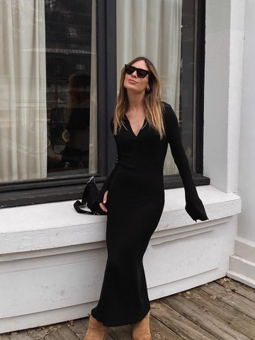 Knitted Maxi Dress Women Long Sleeve Deep V Neck Lapel Ribbed Slim Fit Flared Sleeve Elegant Solid Color Sweater Dress