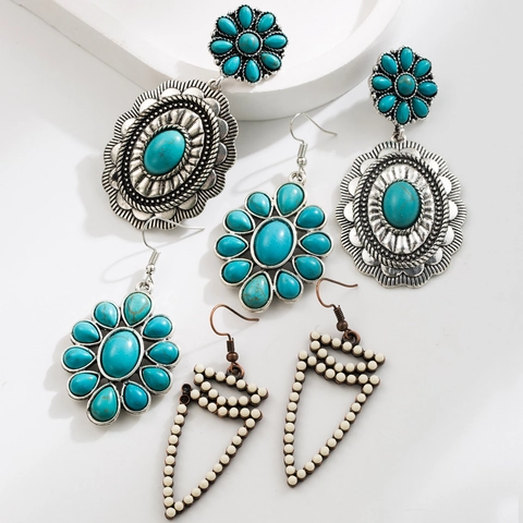 Bohemian Vintage Alloy Turquoise Drop Earrings Ethnic Geometric Carved Flower Dangle Earrings For Women Fashion Jewelry