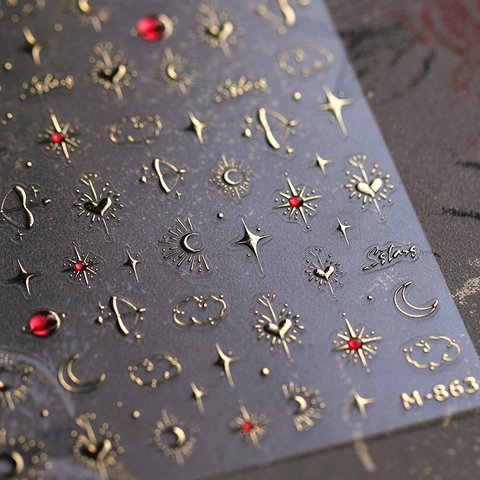 Nail Art Stickers 3D Embossed Gilded Gold Red Celestial Starry Sky Star Moon Heart Planet Cloud Adhesive Back Sweet Cool