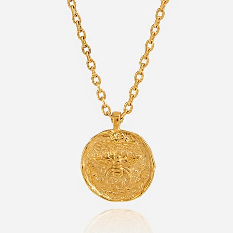 Vintage Bee Coin Pendant Necklace 18K Gold Plated Stainless Steel Waterproof Hypoallergenic O-Chain Jewelry For Women