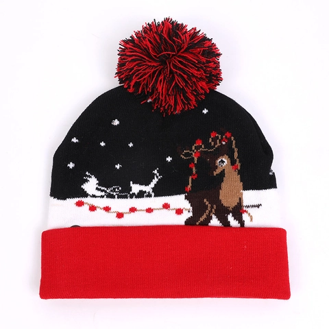 LED Light Up Christmas Beanie Knit Hat Acrylic Warm Winter Santa Reindeer Pattern For Adults Kids Festive Accessory
