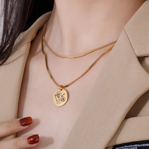Collier Fleur De Naissance Acier Inoxydable Double Couche Chaîne Serpent Pendentif Floral Rond Gravé Cadeau Anniversaire Femme