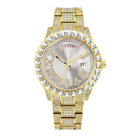 Orologio Al Quarzo Da Uomo Iced Out Diamante Completo Metallo Dorato Chiusura In Acciaio Inossidabile Giorno Data Impermeabile Lusso