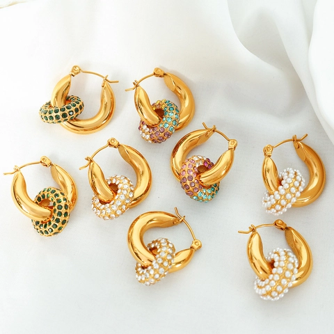 Hoop Earrings Gold Plated Stainless Steel Geometric Zircon Rhinestone Imitation Artificial Pearl Exaggerated Luxury Jewelry For Women