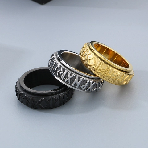 Spinner Ring Stainless Steel Nordic Viking Rune Rotatable Band Retro Minimalist Punk Jewelry For Men Women Unisex
