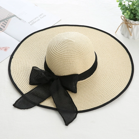 Women Straw Sun Hat Large Brim Paper Woven Beach Cap With Mesh Bow Tie Ribbon Contrast Piping Foldable Summer Travel Elegant