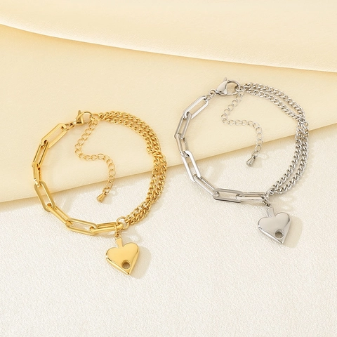 Collana E Bracciale Cuore In Acciaio Inossidabile Con Chiusura A Barra Moda Catena A Maglie Per Donna Placcato Oro