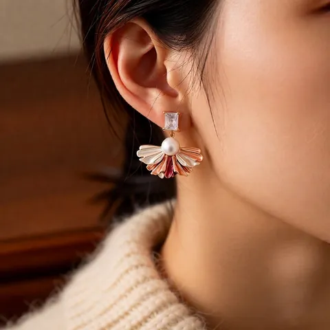 Orecchini Pendenti Vintage A Petalo Di Fiore Con Zircone Perla Artificial Imitazione Smalto E Perno In Argento Stile Lusso Francese Donna