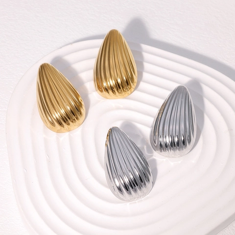Pendientes De Botón Gota De Agua Chapados En Oro De 18K Acero Inoxidable Textura Rayada Joyería De Moda Para Mujer
