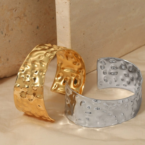 Hammerschlag Textur Manschettenarmband Edelstahl Verstellbarer Offener Armreif Minimalistischer Wasserfester Schmuck